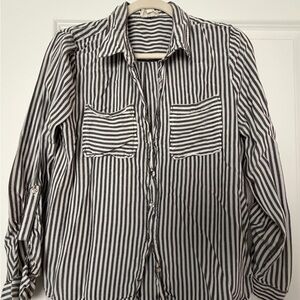 Grey/Greenish and White Striped Button-Up Shirt